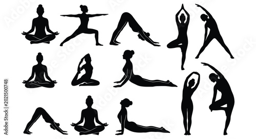 Foto Silhouette yoga poses set, black and white line art illustration