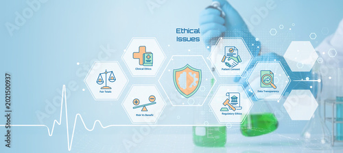 Illustrative representation of ethical issues in healthcare and medical research with interconnected hexagonal icons