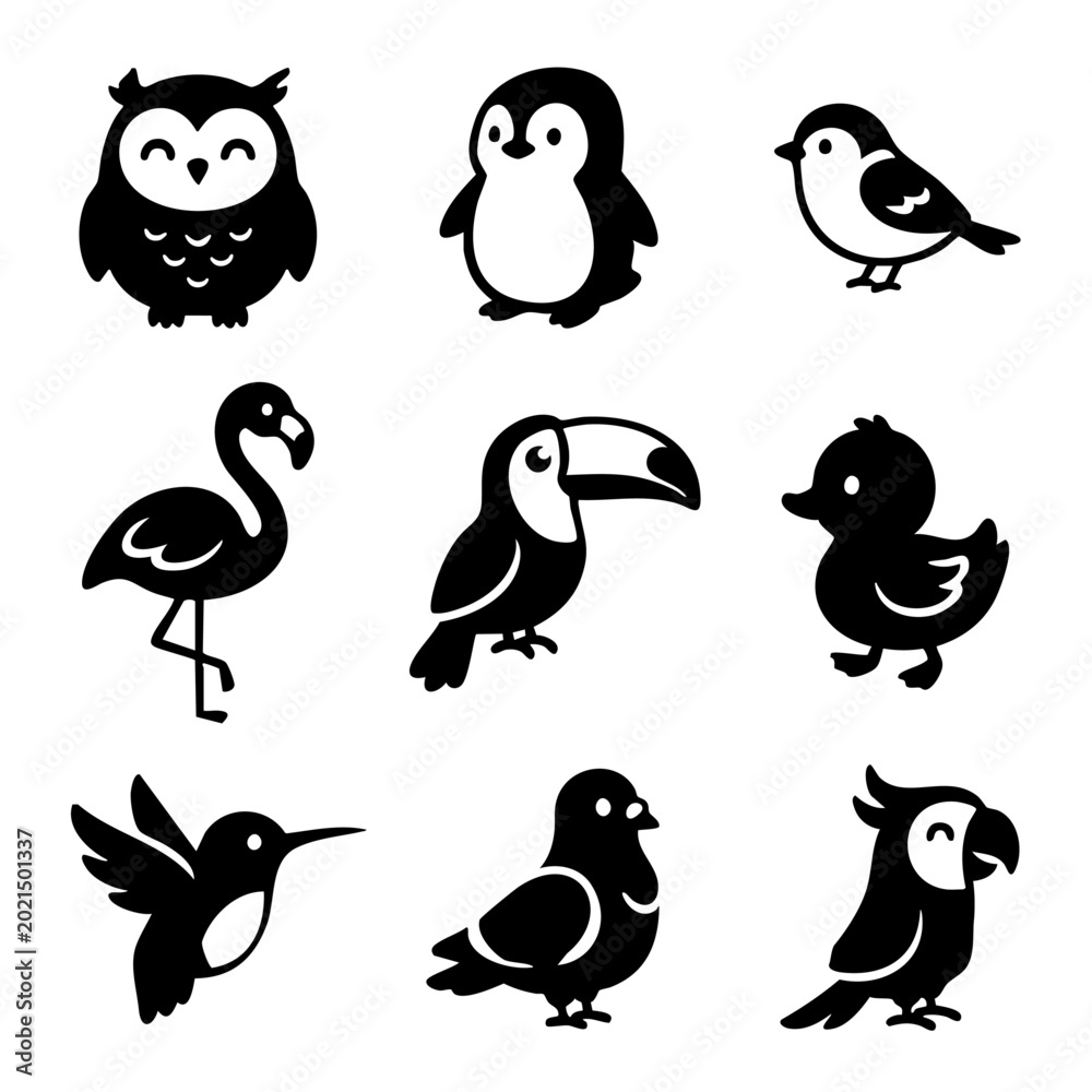 Obraz premium Cute Black Bird Silhouette Icon Set Collection Vector Illustration