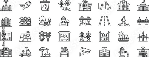 Tableau sur toile Smart city infrastructure line icons showing hospital school police station internet cables and urban transport
