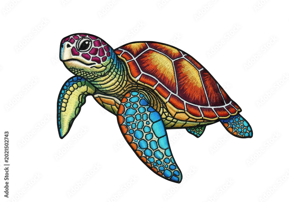Fototapeta premium Colorful embroidered sea turtle patch isolated on transparent background