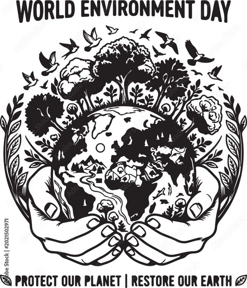 Fototapeta premium World environment day concept with earth held by hands surrounded by trees and birds for nature protection.