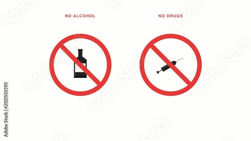 Animated prohibition warning sign for alcohol and drug prevention. 4K Video