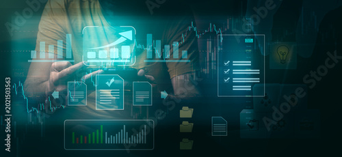Business data analysis reports with marketing finance management strategy. Businessman looking growth graph on analytics dashboard. Digital charts graphs increase business performance, sales statistic