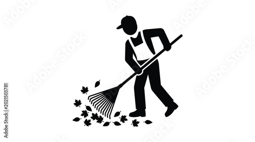 Black silhouette of person raking autumn leaves with rake isolated on white background