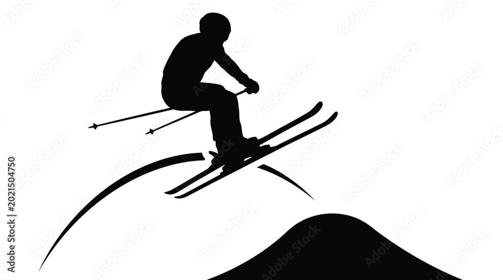 Fototapeta premium Dynamic black silhouette of skier jumping downhill on snowy slope with athletic action pose isolated on white background