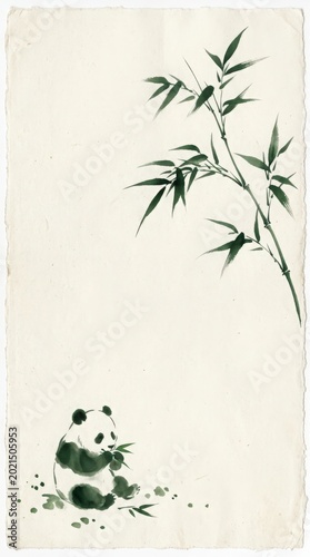 Playful panda with bamboo in serene illustration showing lush greenery and delicate details of foliage creating a tranquil atmosphere. Concept serene wildlife illustration featuring adorable panda.