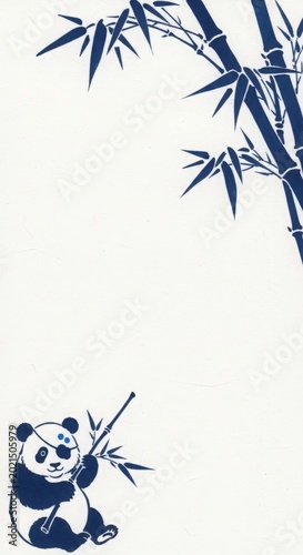 Cute panda illustration enjoying bamboo on a soft white background. Panda holds bamboo stick with playful demeanor, surrounded by leafy bamboo stalks. Concept of nature and wildlife themed decor.