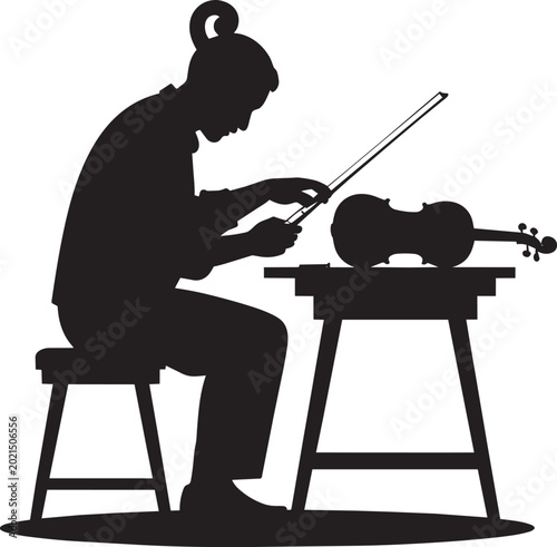 Foto Person playing violin on stool at table in solid style and maker space and music