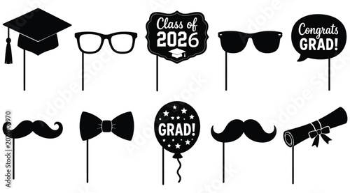 Graduation party photo booth props collection with class of 2026 sign and mortarboard.