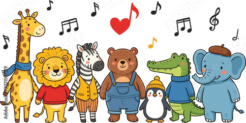 Canvas Print Cute Cartoon Wild Animals Singing with Musical Notes Featuring Giraffe, Lion, Be