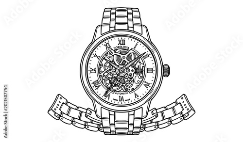 Tableau sur toile Men’s mechanical wrist watch outline doodle vector illustration luxury timepiece