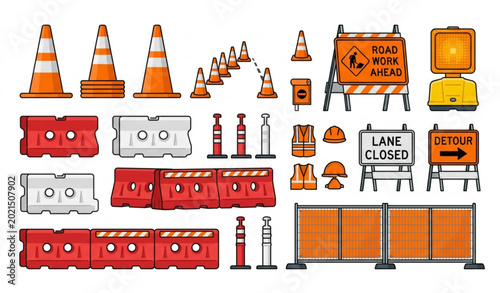 Photos Traffic cone and plastic barrier road construction safety equipment set vector i