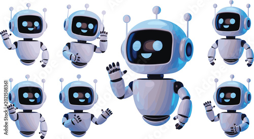 Photos Cute 3D AI robot chatbot vector set with futuristic virtual assistant mascots is