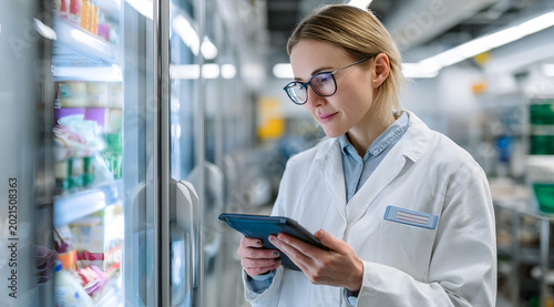 Pharmacist in white coat inspecting temperature breach alert on cold chain monitoring tablet inside walk-in refrigerator. This is an inspection of pharmaceutical integrity, cold storage violation resp
