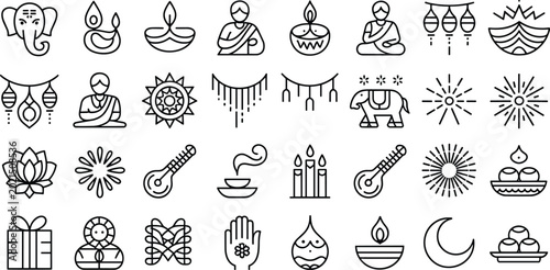 Canvas Print Collection of Indian cultural icons including elephants diyas lotus flowers musi