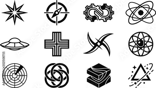 Quadro em tela Futuristic sci fi tech and neo brutalist geometric vector icon set for cosmic ab