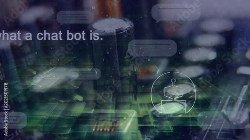 PCB with UI overlays showing user avatar appearing text forming bubbles drifting explaining chatbot