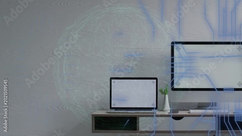 Holo globe appearing, circuits reaching laptop monitor, data flowing, showing net traffic