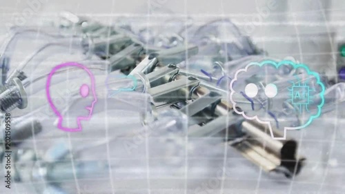 Neon strokes drawing grid causing head-brain icons sharing bubbles showing link, cam focusing unit