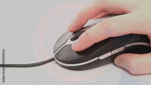 Hand entering right placing on wired mouse clicking scrolling pressing sides showing UI overlays