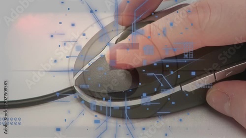 Hand clicking and sliding wired mouse during countdown starting with circuit overlay showing clicks