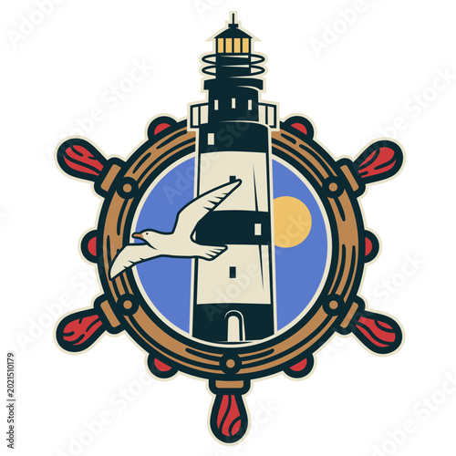 Foto Stylized lighthouse and seabird nautical graphic design