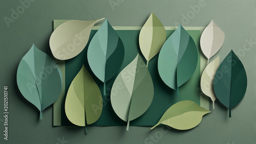 Elegant green paper cut leaves background with layered botanical design – modern 3D nature illustration, AI generated