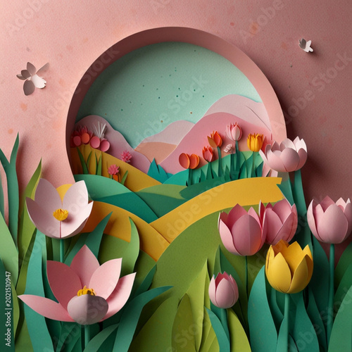 Abstract paper cut spring tulip landscape with blooming flowers, circular frame and Easter background illustration