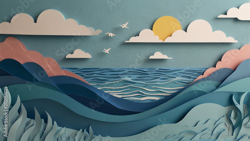 Abstract paper cut seascape with sailing boat, layered ocean waves and sunrise coastal landscape illustration