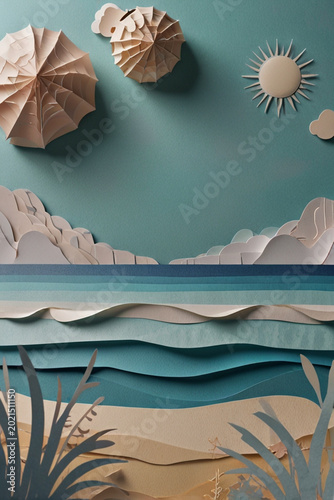 Abstract paper cut seaside landscape with layered ocean waves, beach and tropical summer background