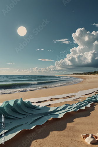 Abstract paper cut tropical beach with layered ocean waves, sunny coastal seascape and blue sky illustration