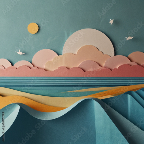 Abstract paper cut sunset over ocean with layered waves and copy space, modern 3D landscape illustration