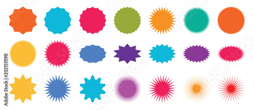 Colorful collection of starburst and sunburst shapes for sales isolated on transparent background