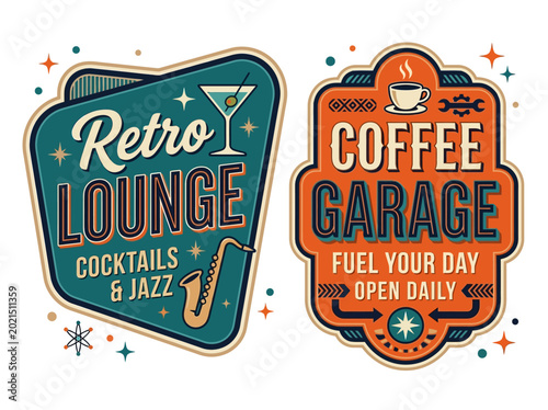 Retro Lounge Cocktails and Jazz Coffee Garage Fuel Your Day Open Daily Vintage Sign Illustration Collection