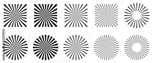 Collection of black sunburst and radial line patterns isolated on transparent background