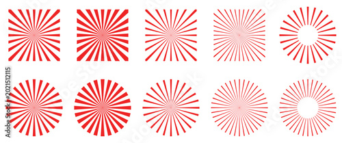 Red sunburst set with various radial line patterns isolated on transparent background
