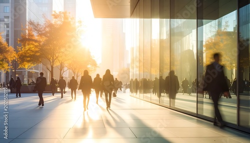 City street with blurred people walking, warm sunlight and building reflections