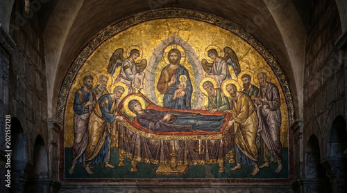 Byzantine Dormition mosaic depicting the Virgin Mary and angels  