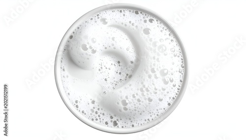 Foamy top-down view of a white liquid in a white cup, isolated on white