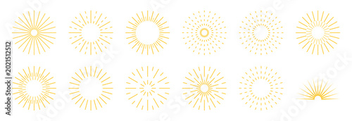 Set of twelve yellow sunburst and radiant starburst isolated on transparent background