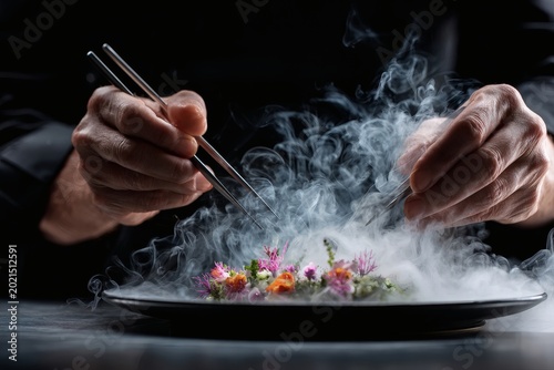 Professional Michelin Star Chef Plating Molecular Gastronomy Dish with Liquid Nitrogen Smoke and Precision Tweezers.