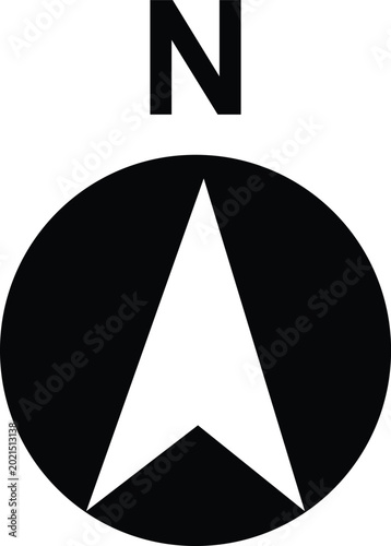 Black and white compass symbol with north arrow pointing upward