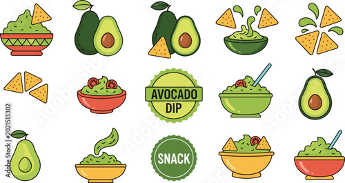 Foto Avocado Dip and Guacamole Snack Vector Icon Set on White Background