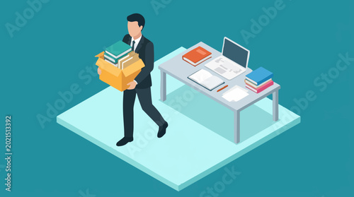 Billede på lærred Businessman carrying a box of office belongings, isometric illustration