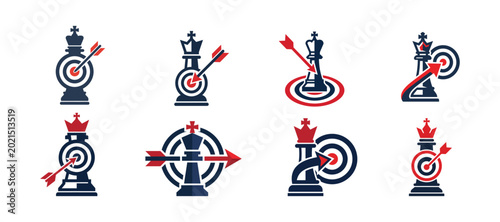 Strategy chess king icons set with target and arrow symbols representing business goals and leadership.