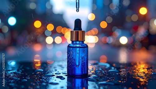 Blue dropper bottle with gold rim. Bokeh background with rain