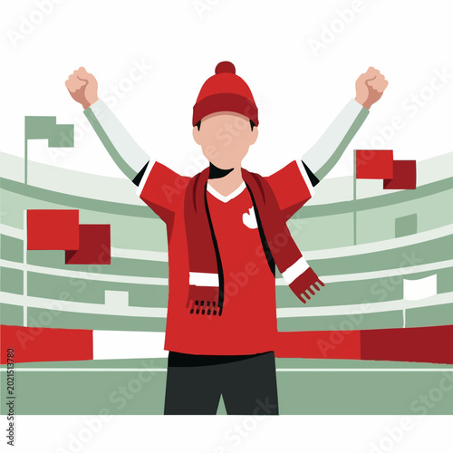 Excited sports fan in red cheering with arms raised at stadium event