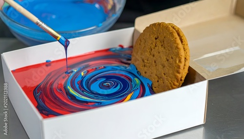 Cookie being dipped in colorful swirl paint inside a box with paint brush