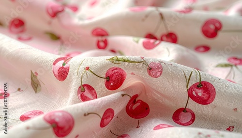 Wrinkled fabric with red cherry print on pale pink background, soft focus